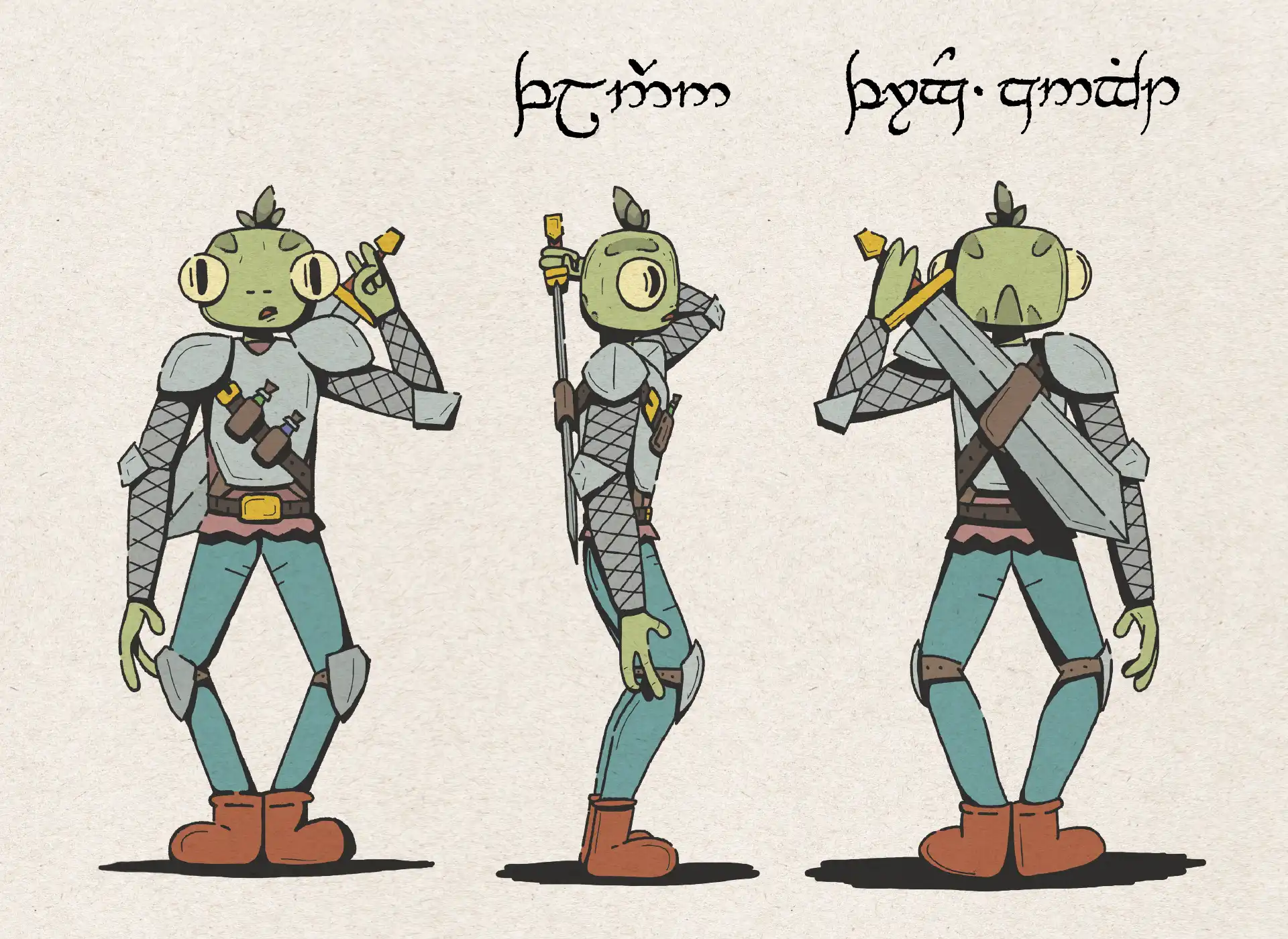 Planche d'illustration chara-desing du personnage de Flynn : le chevalier-grenouille