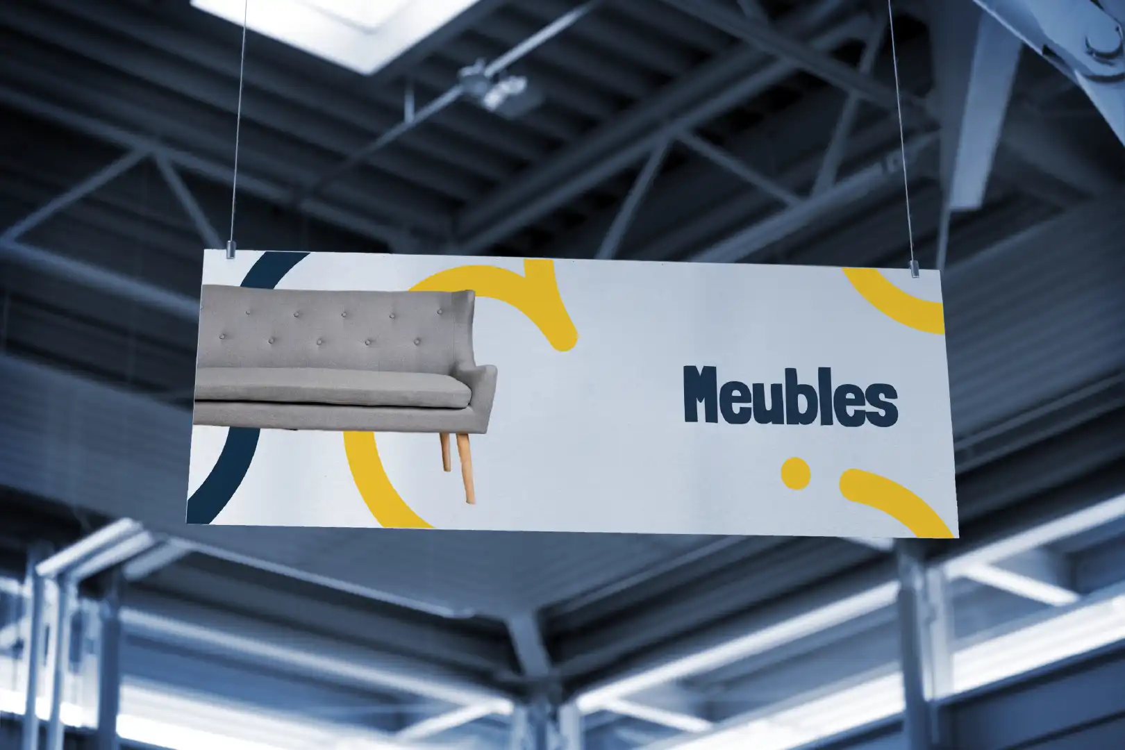 Mockup d'un panneau suspendu dans un centre, indiquant la section meubles