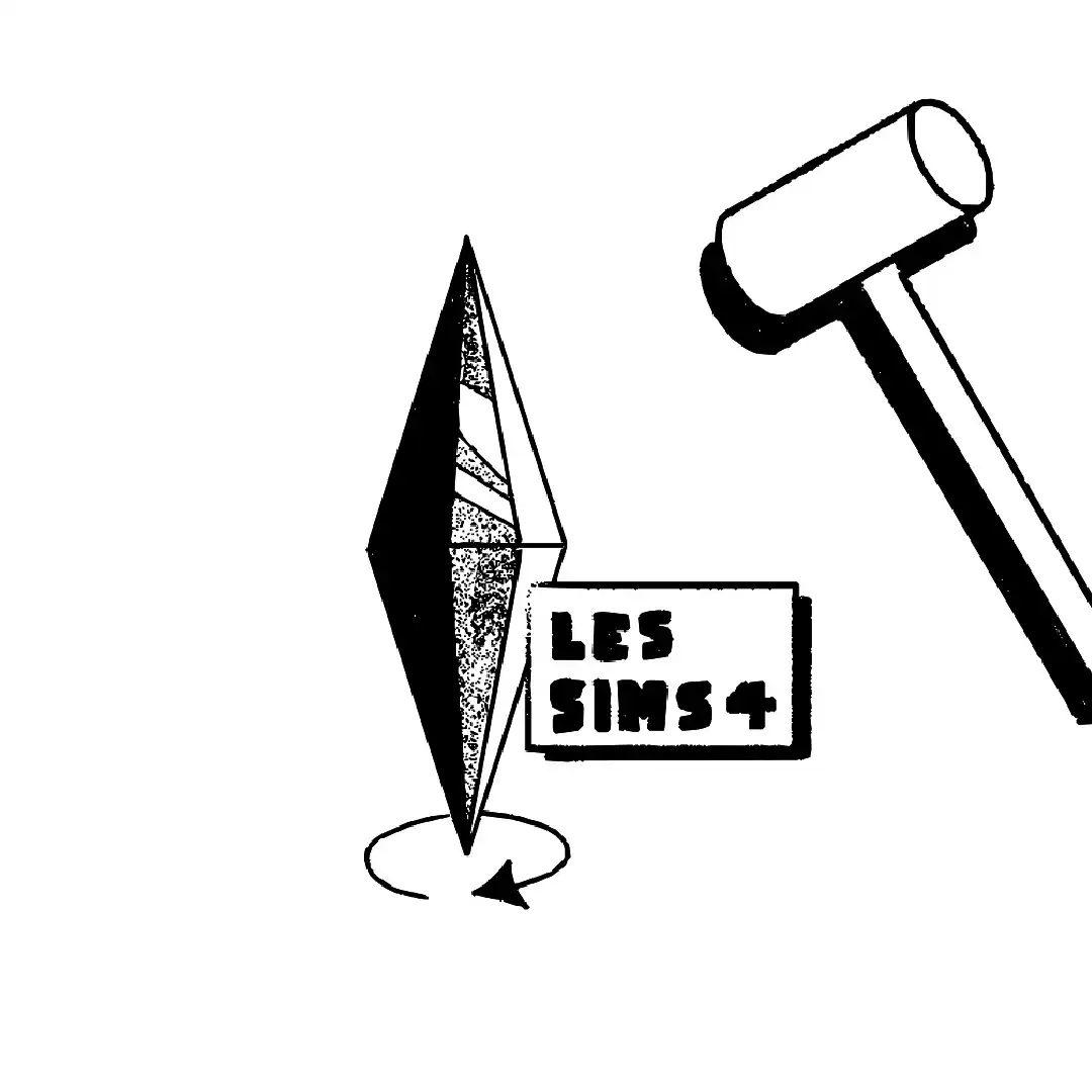 Storyboard du crystal emlématique des sims s'apprétant à se faire casser par un marteau