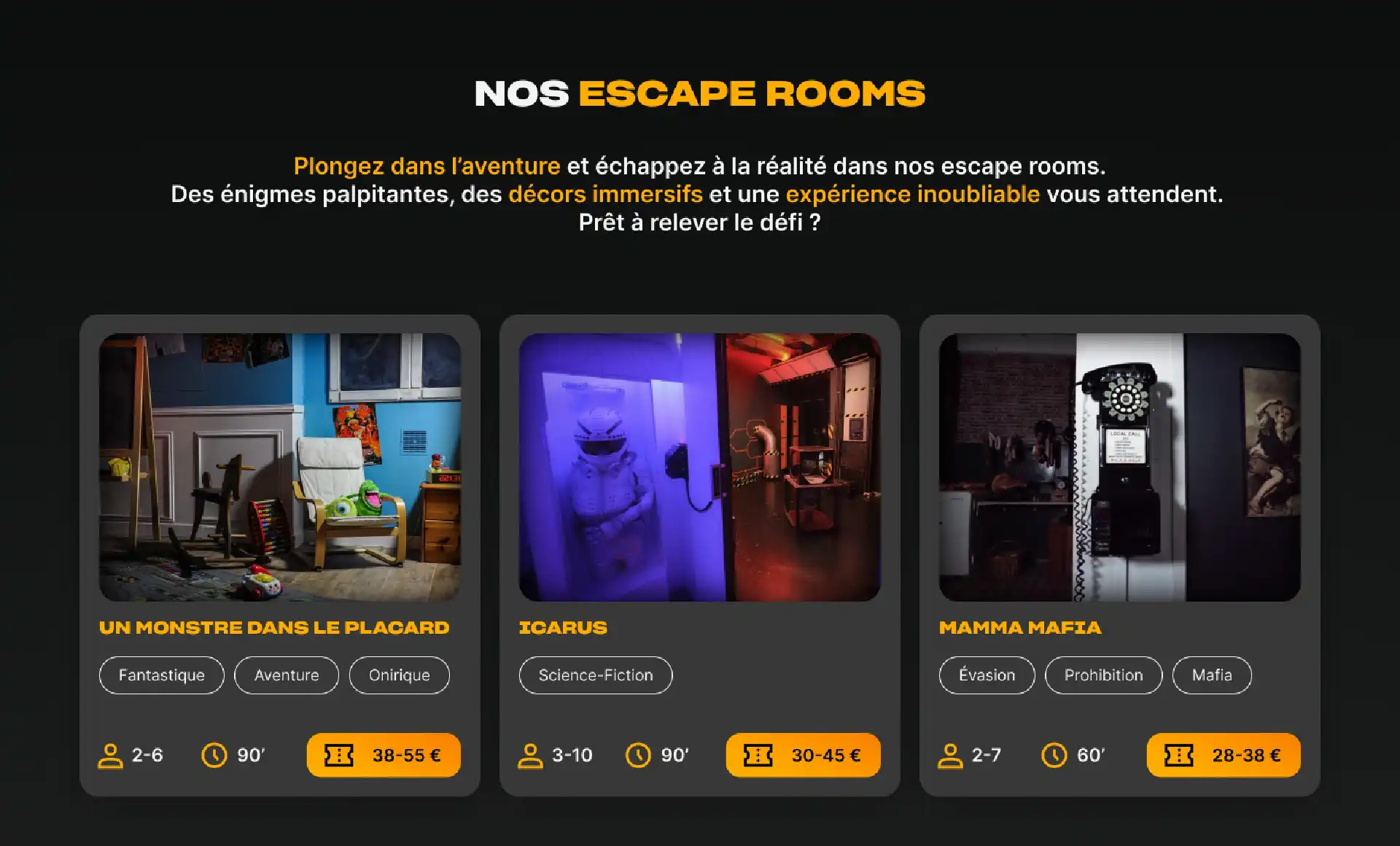 Capture du site desktop section Escape rooms