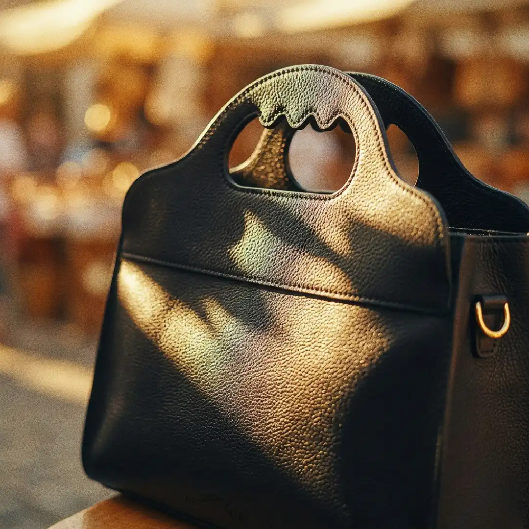 Plan serré d'un sac Lua posé sur un banc au soleil