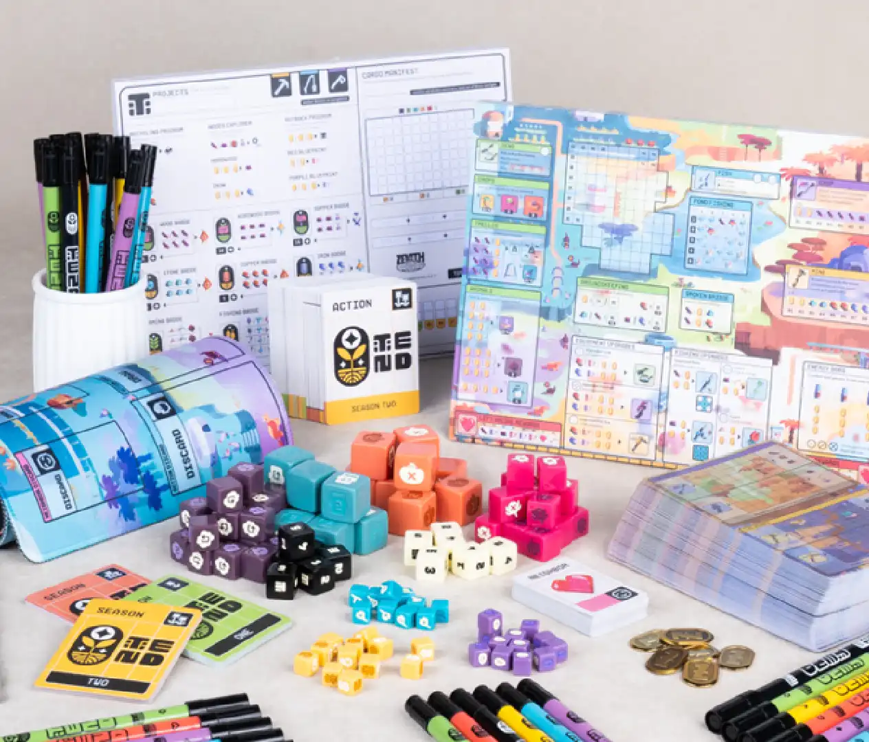 Plan large de l'ensemble du matériel du jeu Tend