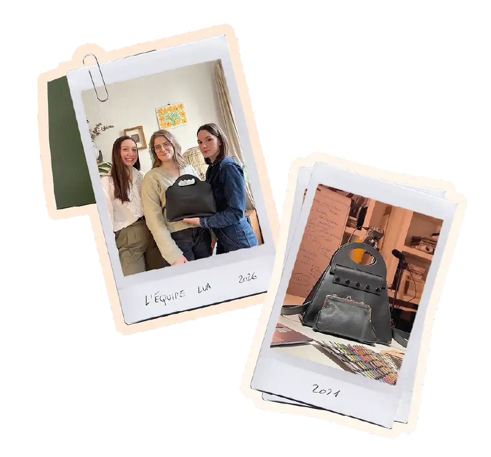Photo polaroïde de la team Lua, et du premier prototype de sac Lua